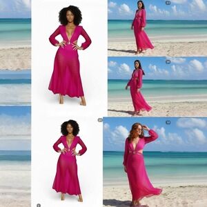 Rosevelvet Pink Maxi Dress Plunge Neck Long Sleeve Resort Vacation Beach Cover L